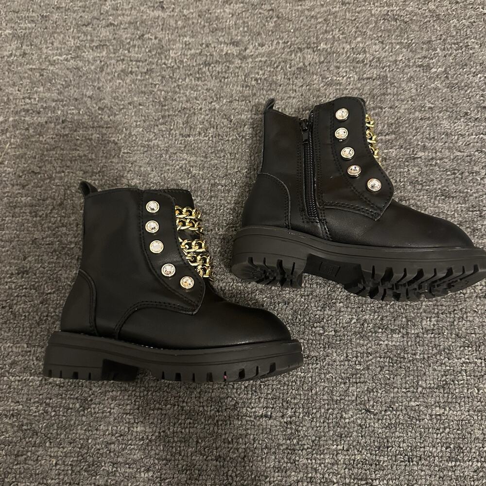 Kurt Geiger London Mini Bax Black Leather Chain Combat Boots Gold Crystal 24/8M - Picture 3 of 7